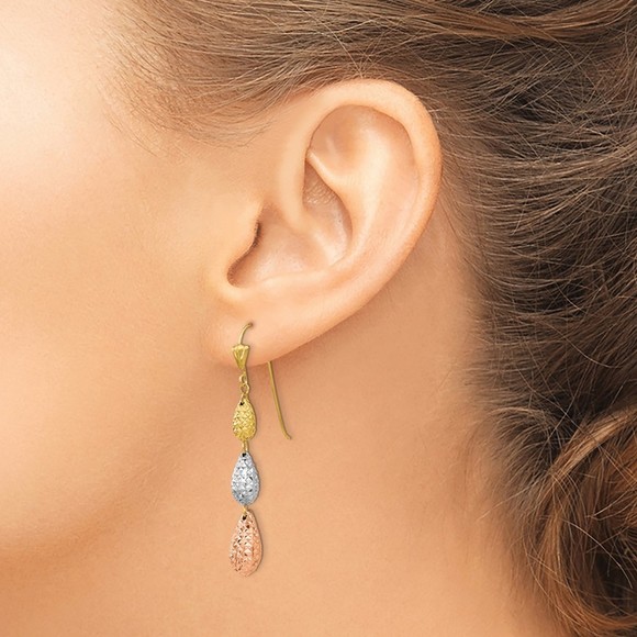 14k Tri-color Puff Diamond-cut Teardrop Dangle Earrings - Picture 3 of 4